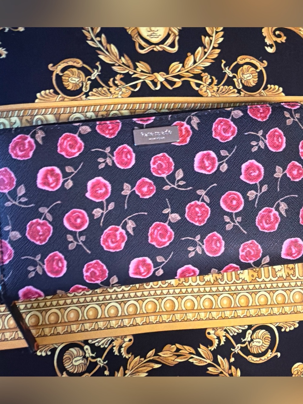 Kate Spade Black - Pink Rose floral zip around wallet